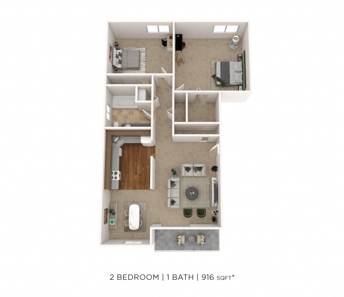 Floor plan for 2 beds, 1 bath, 916 sqft